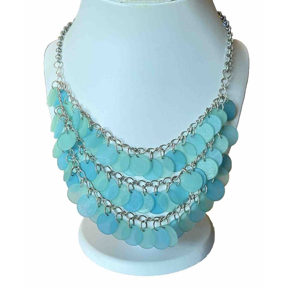 Choker Bibb Necklace Teal Layered Disc Silver Toned Chains 16” Neck 2.8” Bib